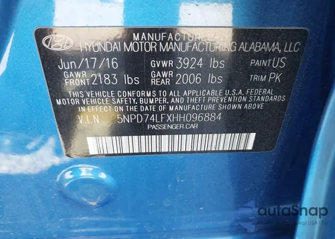 2017 Hyundai Elantra Se z USA, uszkodzony, nr VIN 5NPD74LFXHH096884